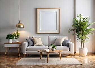 Beautiful art painting frame mockup hangs on the wall in a modern living room, featuring a white background, awaiting your custom design or artwork.