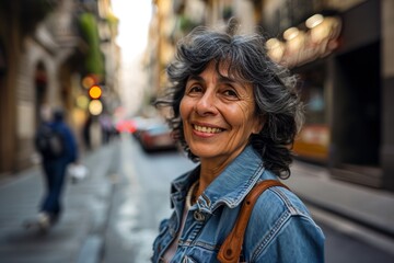 Portrait of smiling middle-aged woman in the city street.