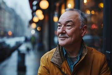Fototapeta premium Portrait of a senior man in a city street at night.