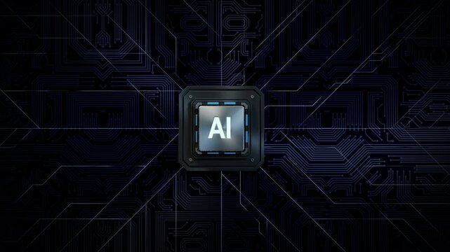 AI chipset on circuit board 3d video animation, artificial intelligence core technology concept