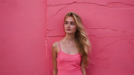 Beautiful young blonde woman posing isolated over pink wall background. 