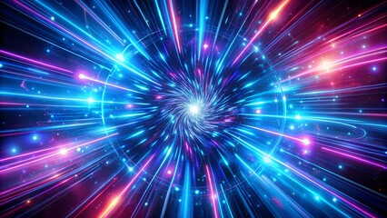Vibrant blue and purple neon lights swirl in hypnotic patterns against a dark black background, evoking a futuristic laser show or cosmic explosion in 3D illustration.