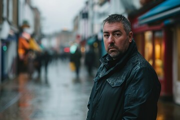 Portrait of a man with a beard in a black coat on a city street