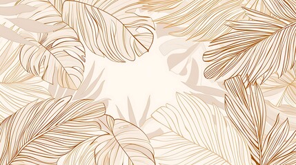 Abstract foliage botanical background. beige wallpaper of tropical plants, leaf branches, palm leaves, line art. Foliage design for banner, prints, decor, wall art, decoration. Generative Ai