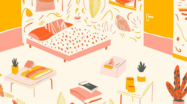 Various tiny bedroom theme clipart collection pattern, minimal abstract illustration style , bold color scheme