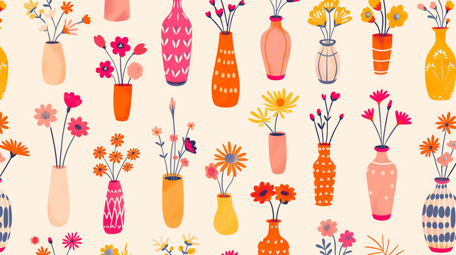Various tiny pretty flowar vases clipart collection pattern, minimal abstract illustration style , super fresh fluorescent vibrant color palette