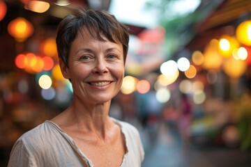 Obraz premium Portrait of smiling mature woman in the city. Selective focus.