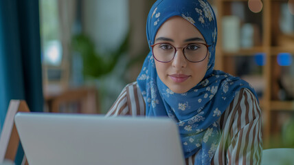 Close Up Shot of Woman with Blue Hijab sitting with Her Laptop