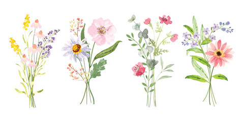 Set of bouquet vector. Watercolor floral arrangement with wildflower, rose, poppy, wildgrass, eucalyptus, leaves branch in minimal style. Botanical illustration design for logo, wedding, decor, print.
