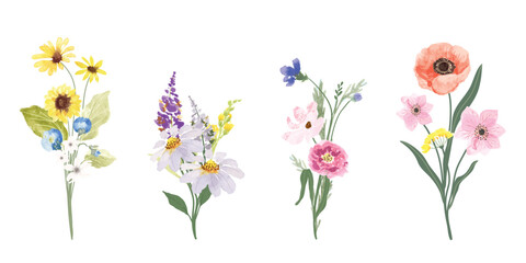 Set of bouquet vector. Watercolor floral arrangement with wildflower, rose, poppy, sunflower, eucalyptus, leaves branch in minimal style. Botanical illustration design for logo, wedding, decor, print.