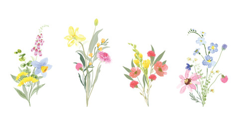 Set of bouquet vector. Watercolor floral arrangement with wildflower, rose, poppy, orchid, eucalyptus, leaves branch in minimal style. Botanical illustration design for logo, wedding, decor, print.