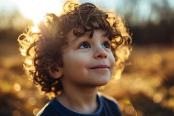 Portrait of a little boy on a wheat field at sunset.