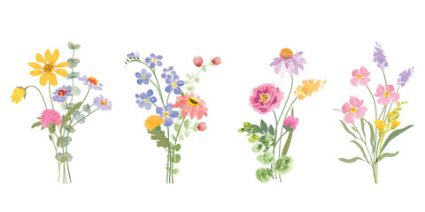 Set of bouquet vector. Watercolor floral arrangement with wildflower, rose, poppy, sunflower, eucalyptus, leaves branch in minimal style. Botanical illustration design for logo, wedding, decor, print.