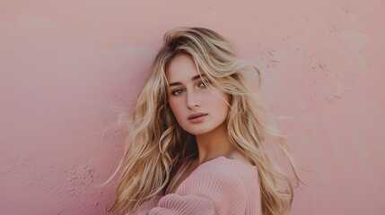 Fototapeta premium Beautiful young blonde woman posing isolated over pink wall background. 