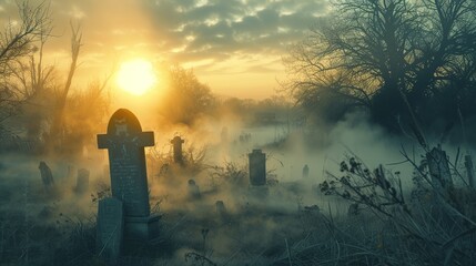 Obraz premium Mysterious Foggy Graveyard at Sunrise