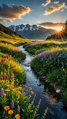 The sun sets over the river and mountains, with wildflowers in the foreground