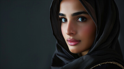 Naklejka premium Beautiful arab middle-eastern woman with traditional abaya dress in studio - Arabic muslim adult female portrait