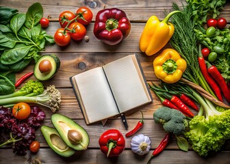 Fresh seasonal vegetables including leafy greens, bell peppers, and avocado surround a keto diet guidebook on a rustic wooden table, symbolizing healthy eating habits.