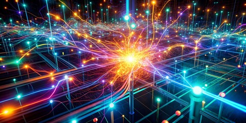 Fototapeta premium Vibrant glowing circuitry pulses with energy, weaving a complex web of neon light trails, illustrating the high-speed digital network's intense data transmission in 3D rendering.