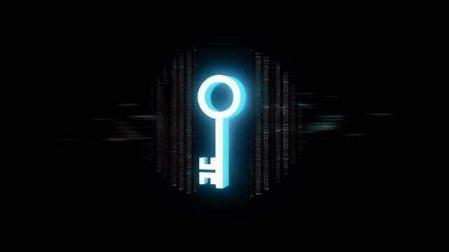 Neon blue key icon floating in dark space. Surrounded by streams of binary code. Symbolizes digital security, data encryption, and cyber protection. 