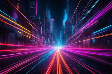 Vibrant Neon Light Trails Forming Abstract Patterns Against Dark Urban Setting for New Year's Celebration