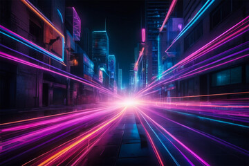 Fototapeta premium Vibrant Neon Light Trails Forming Abstract Patterns Against Dark Urban Setting for New Year's Celebration