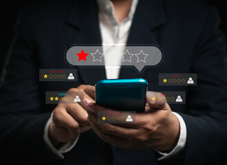 Negative feedback concept. Choosing a 1-star rating review in the survey,poll,or customer...