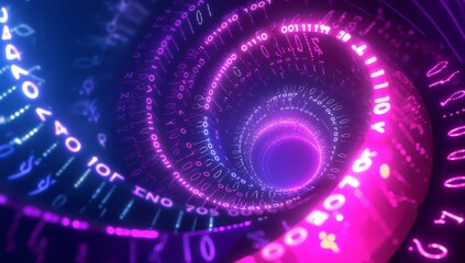 A digital background featuring spirals of neon light and binary code.