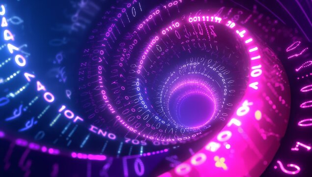A digital background featuring spirals of neon light and binary code.