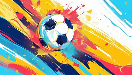 Vibrant and colorful abstract artwork featuring a soccer ball with dynamic splashes of paint.