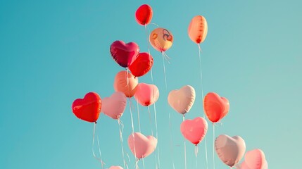 Heart-Shaped Balloons Soaring in a Blue Sky