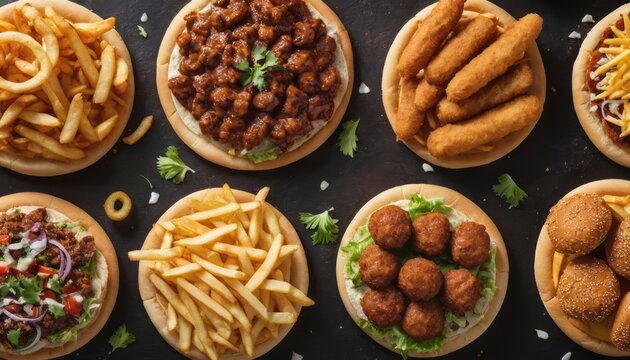 Various toppings and sides on pita bread, including meat, cheese, vegetables, and french fries