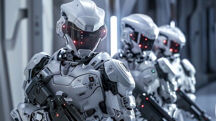 Fototapeta premium Robotic soldier team in futuristic tactical outfit armor and weapons standing on a science fiction background very detailed and realistic shape