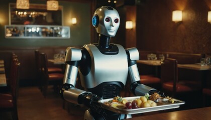 Fototapeta premium A humanoid robot in a restaurant is holding a tray of food, ready to serve