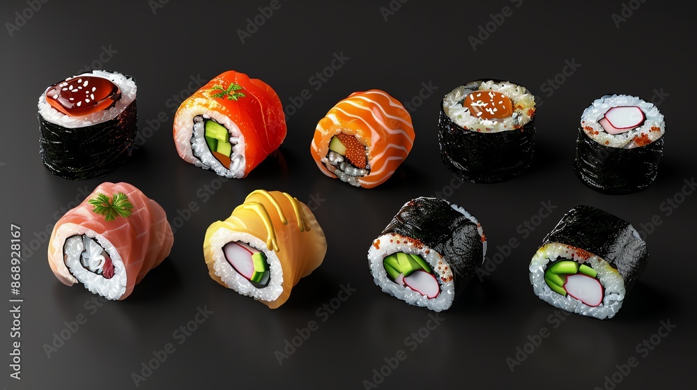 Canvas Prints A variety of colorful sushi rolls on a black background.