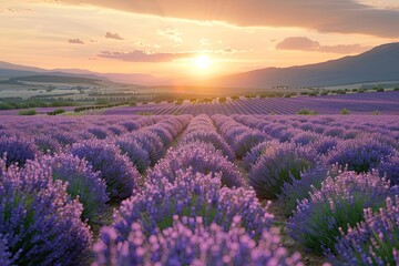 Fototapeta premium A vast lavender field bathed in the warm glow of a summer sunset