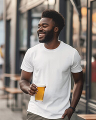 black man holding beer drinking a blank white shirt