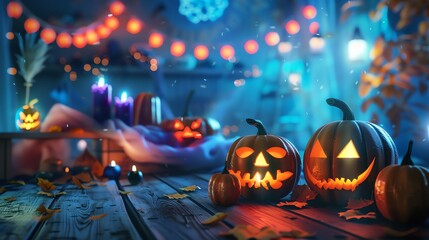 Obraz premium Jack-o-lanterns with lit candles in a spooky Halloween scene.