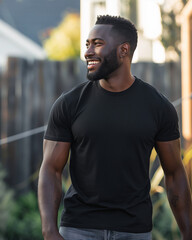 black man smiling wearing a blank black shirt