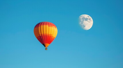 Naklejka premium Hot Air Balloon and Moon in a Blue Sky