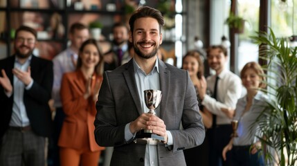 Business success concept. Happy winner businessman receives a business award and holding trophy with team of cheerful workers. Celebrating and congratulating their leader on great work success.