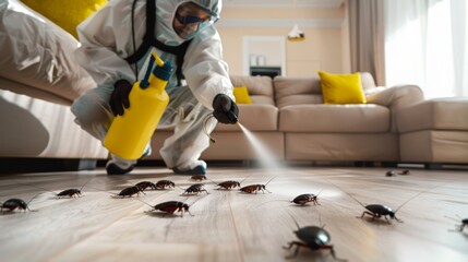 Pest control exterminating roaches inside the house. Professional exterminator in protective suit spraying insecticide from sprayer bottle over cockroaches crawling on floor and sofa at home.