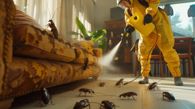 Pest control exterminating roaches inside the house. Professional exterminator in protective suit spraying insecticide from sprayer bottle over cockroaches crawling on floor and sofa at home.