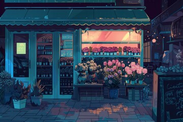 Naklejka premium Cozy flower shop filled with zinnias and lavender bundles, cozy vibe, Generative AI