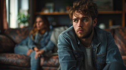 Upset young man sitting on the sofa with woman at home. Stressed married couple sitting separately in the living room. Quarrel and divorce concept.