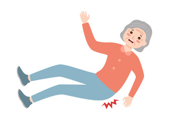 Senior woman falls and hurts back in flat design on white background. Senior back pain concept.