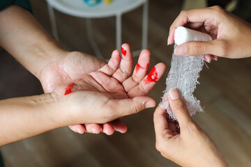 Firs Aid For Hand Injury, Finger Cut With Sharp Knife.