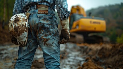 Muddy Construction Worker with a Hard Hat