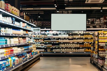Low-profile catalyst with blank screen near dairy section in a megastore.