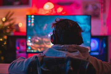 Fototapeta premium Gamer engrossed in playing video games at night, colorful LED lights creating an immersive gaming environment.